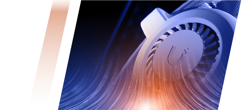 Blue-toned abstract image featuring a computer cooling fan with light streaks and orange accents in the background