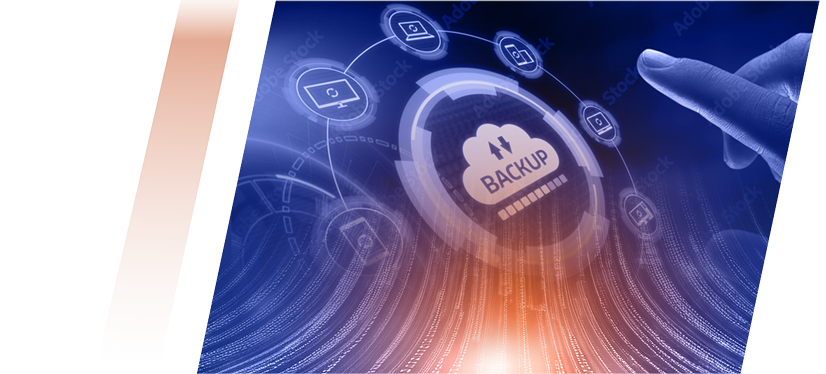 Futuristic graphic showing a cloud backup icon surrounded by interconnected data nodes and rings with a glowing light.