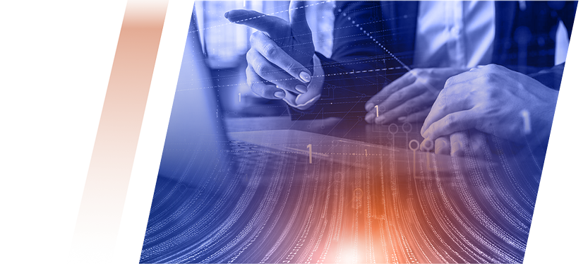 Hands interact with a futuristic digital interface, with glowing data streams on a blue-orange gradient background.