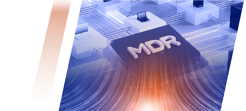 Abstract banner with blue tones and orange accents, featuring the letters MDR to denote Medical Device Regulation in a tech context.