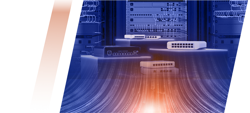 Data center rack with network switches and cables, illuminated by blue and orange glow