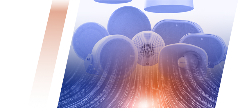 Abstract illustration of blue circular speakers arranged in a cluster with orange glow and curved light waves.