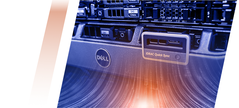 Blue-toned Dell server rack with an IDRAC Quick Sync module in a data center setting.