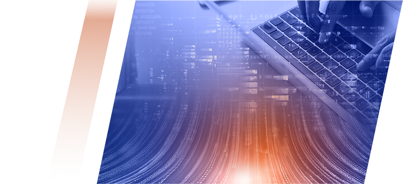 Abstract tech background with a laptop keyboard and hands typing, blue and orange light streaks creating a futuristic feel