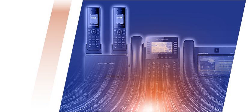 Group of Grandstream IP phones on a blue and orange abstract background.