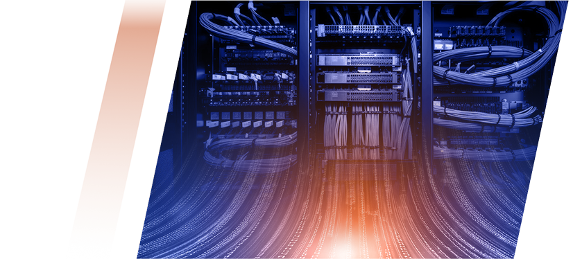 Server racks with bundled network cables in a data center, blue lighting and an orange glow at the bottom.