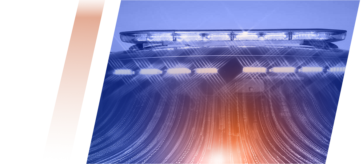 Blue flashing police lights against an abstract orange-blue banner.