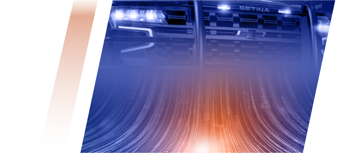Close-up of a police vehicle front with blue emergency lights, overlaid by abstract red-blue data streams and orange vertical accents.