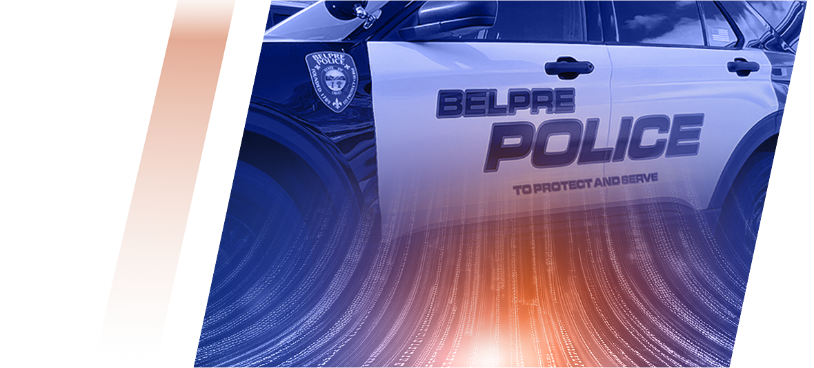 Belpre Police car with 'To Protect and Serve' slogan on a blue-orange abstract background.
