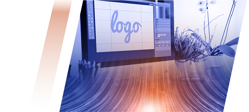 Computer monitor showing a logo draft on a grid inside a design program, with plants in the background and orange/blue decorative shapes nearby.